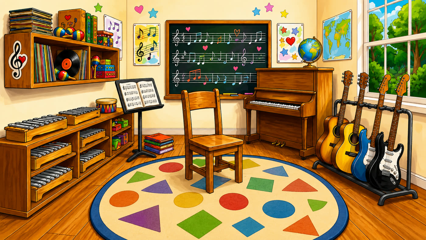 Music room with piano and instruments