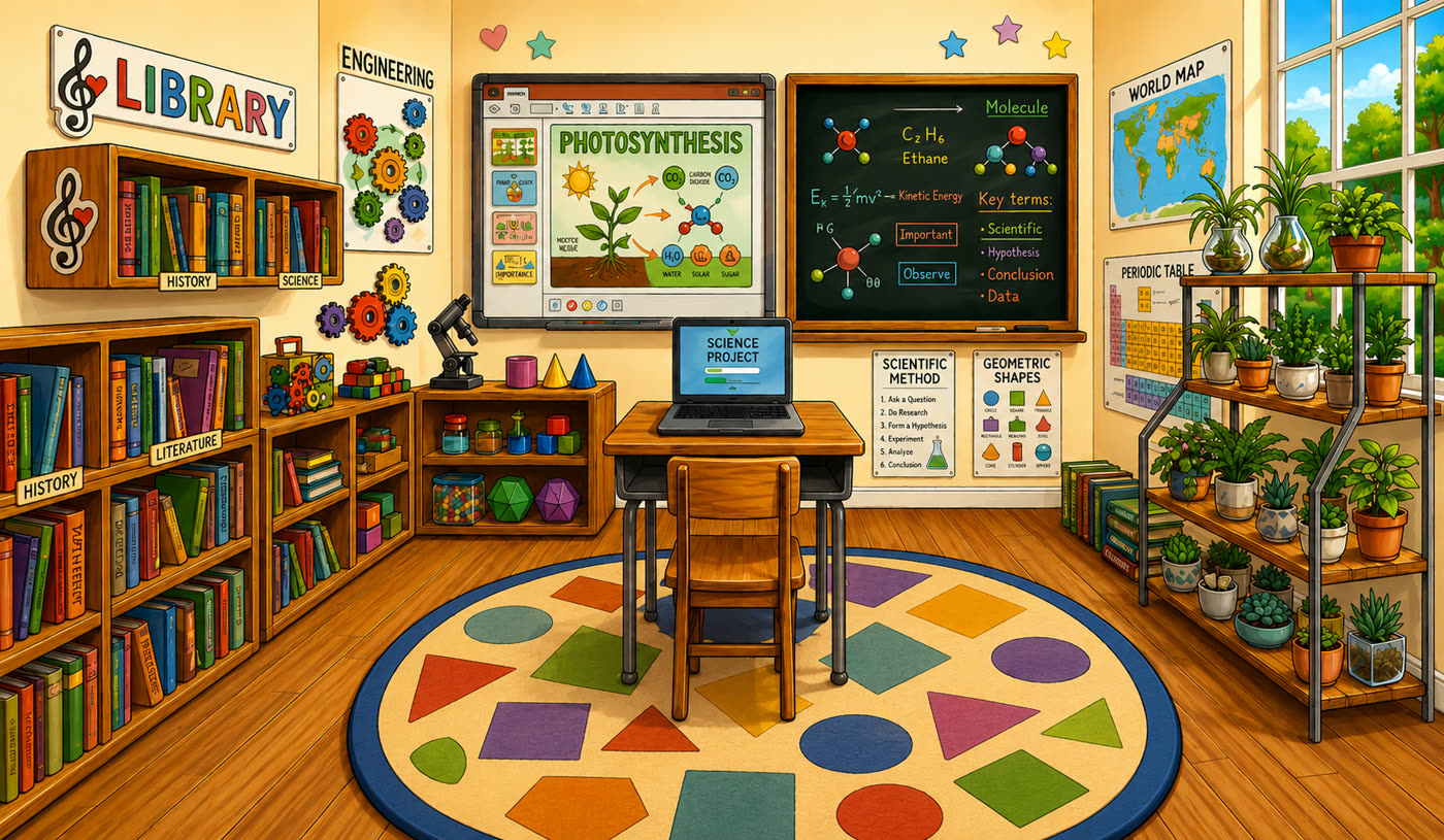 Classroom with chalkboard and books