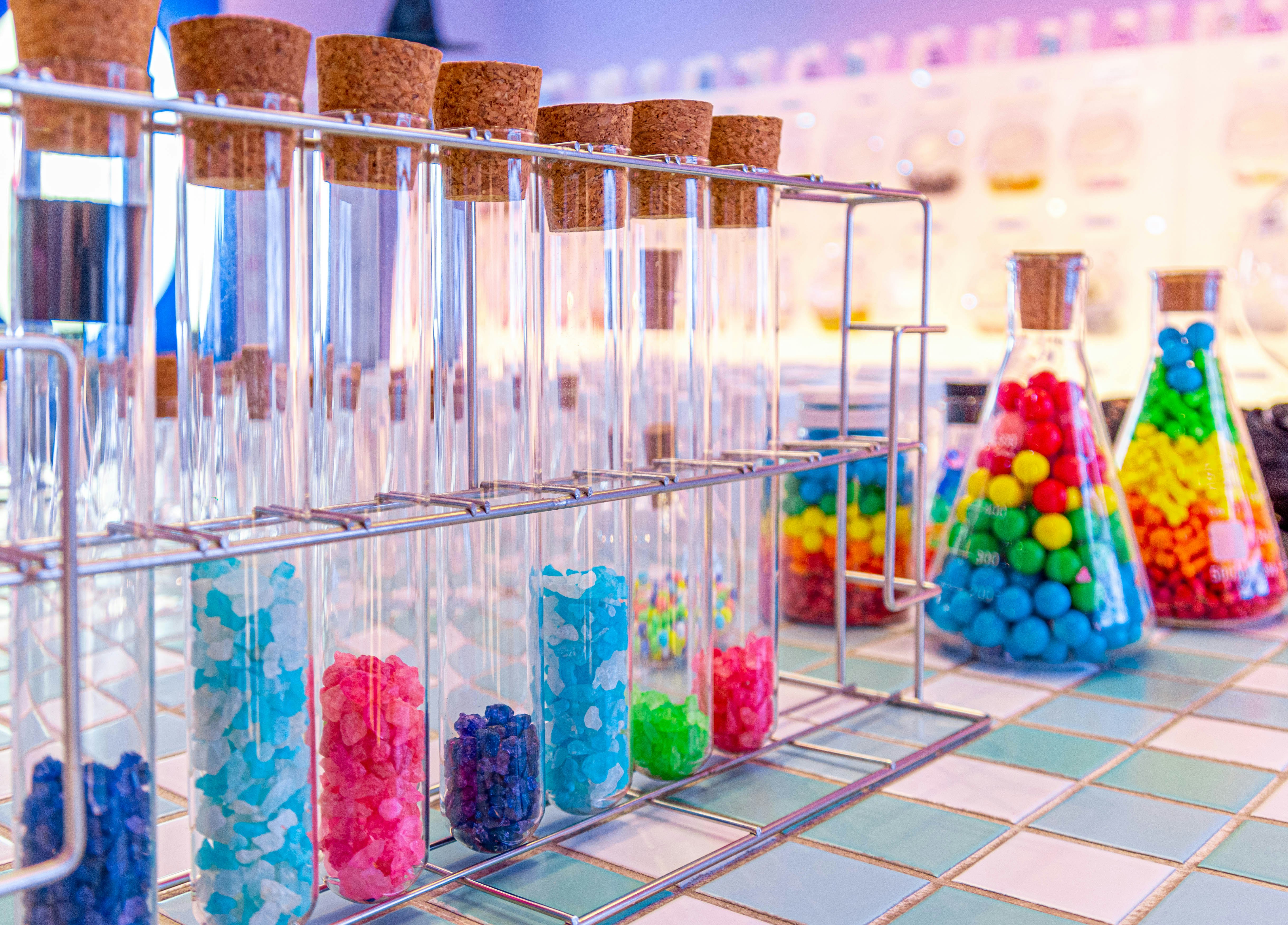 Colorful liquids in science flasks